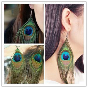 Peacock Feather Earrings with Silver-Tone Ear Wires